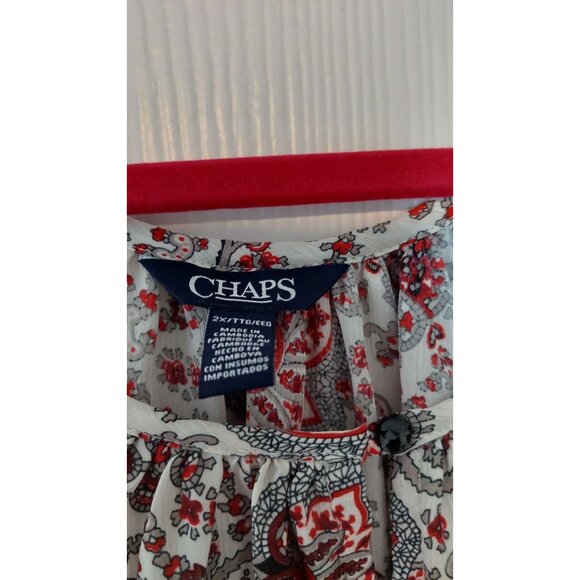 Chaps Womens 2X Paisley Boho Blouse With Long Sleeves & Scoop Neck White/Red - Picture 3 of 9